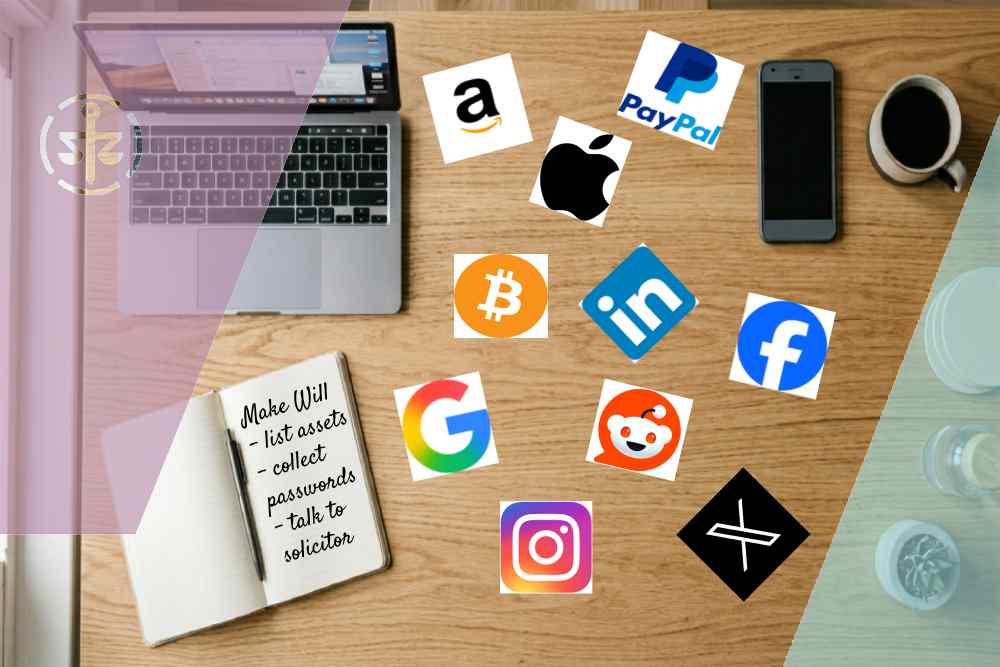 A desk strewn with social media logos next to a notepad reading 'Make Will – list assets, collect passwords, talk to solicitor' — illustrating the importance of including digital assets in your Will