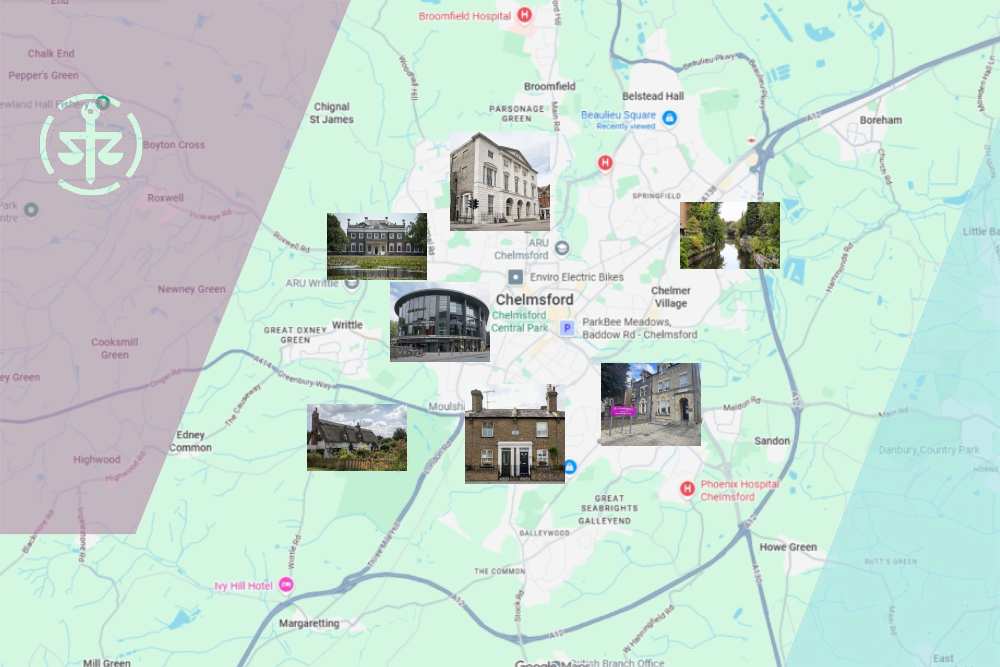 Map of Chelmsford showing key areas for first-time buyers, with local landmarks