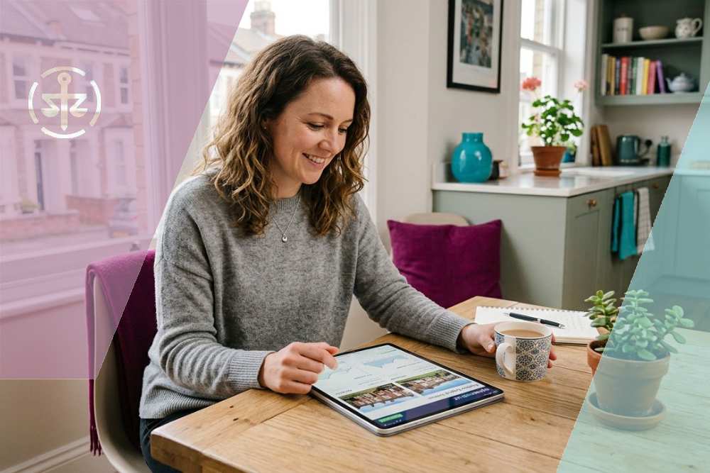 A person at home in England viewing a digital property listing on a tablet, illustrating the move towards digital conveyancing under the 2026 homebuying reforms.
