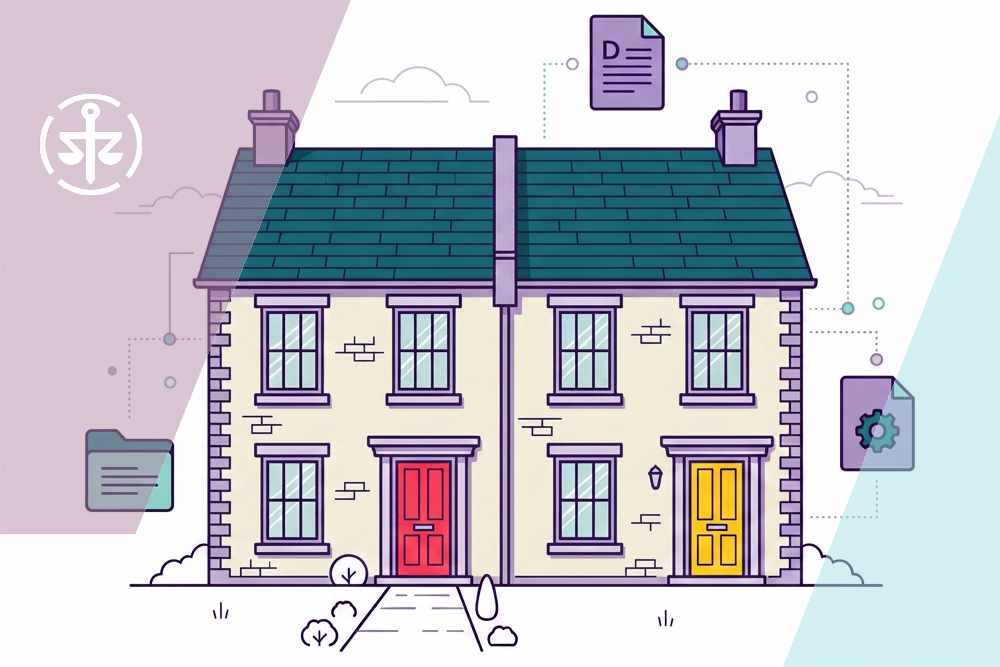 Illustration of a traditional UK semi-detached house with a bright yellow and red front door, surrounded by digital document icons representing property records and conveyancing paperwork