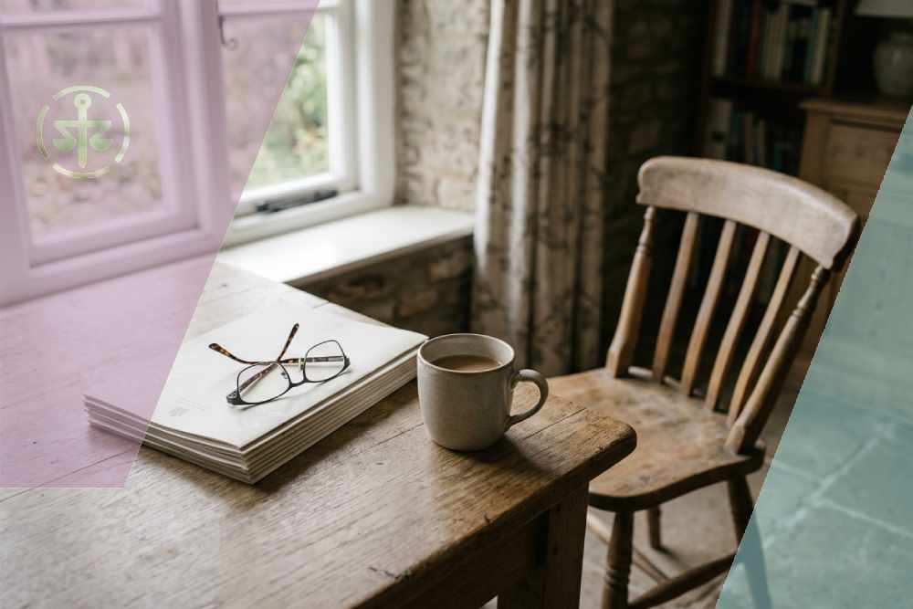 Legal papers, reading glasses and a mug of tea on a kitchen table beside an empty chair.