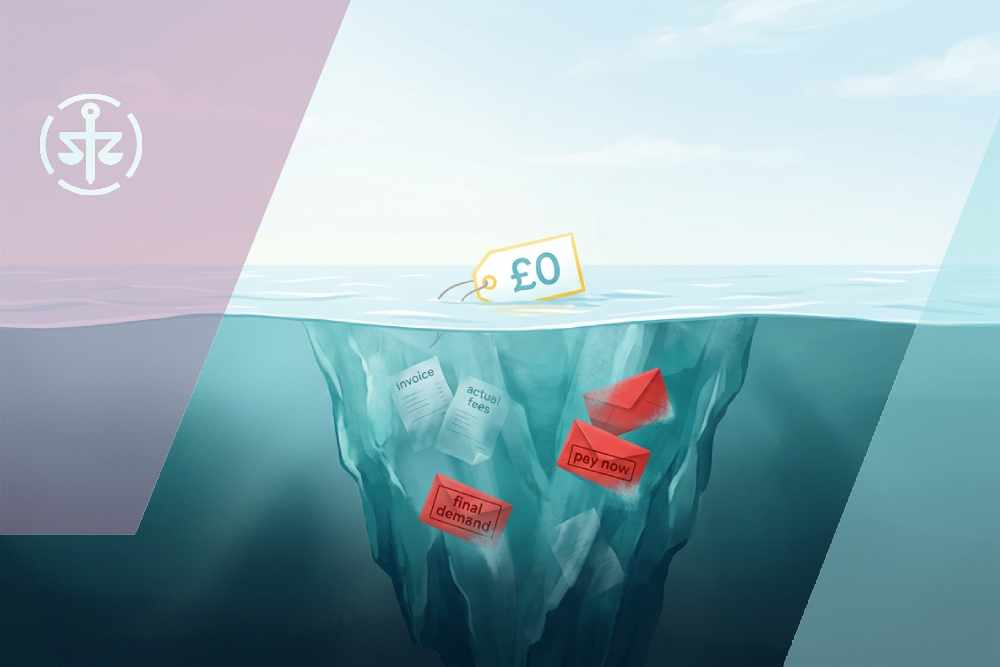 Iceberg illustration showing hidden invoices and fee demands beneath a £0 price tag, symbolising hidden costs in 'no win, no fee' agreements.
