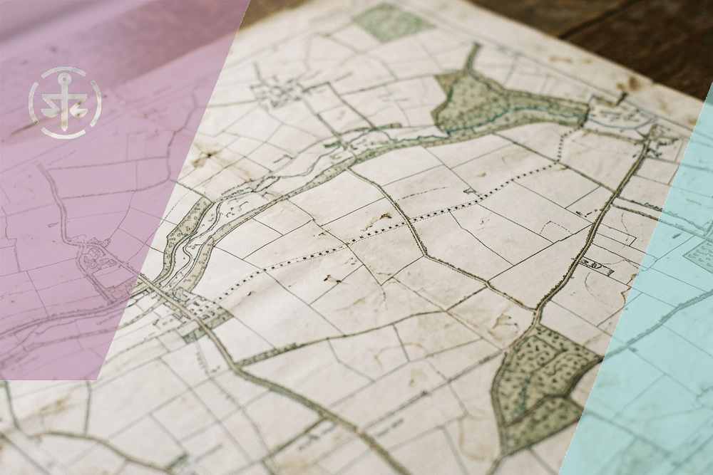 An old land map showing field boundaries and a faint dotted line marking a path.