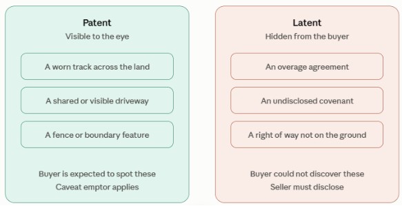 Patent defects are visible on the ground and the buyer is expected to find them. Latent defects are hidden, and the seller must disclose those they know about.