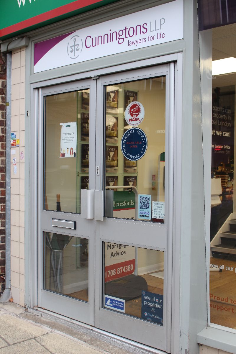 High Street entrance of Cunningtons solicitors Hornchurch, offering legal advice to local clients